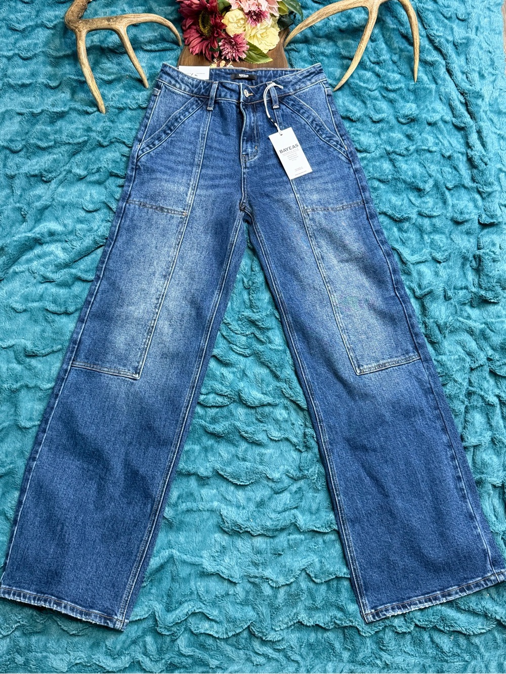 Bayeas Women’s 27 High Rise Wide Leg Split Hem Utility Jeans NWT